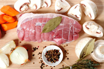 preparation of uncooked roast pork with mushrooms