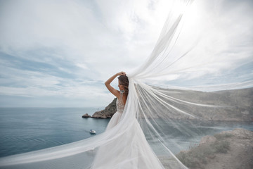 Beautiful bride stands on a cliff above the sea in a glamorous white wedding dress view of veil.Romantic beautiful bride in white dress posing on the background sea. Happy Wedding Day. - 195186929