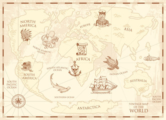 Vintage world map with compass and mountains. Sea creatures in the ocean. Aged treasure. marine captain and anchor, nautical pirates. old retro parchment. engraved hand drawn, mainland and island.