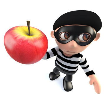 3d Funny cartoon burglar thief holding an apple