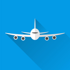 Passenger plane, front view, blue background, with shadow. Flat style. 10 eps