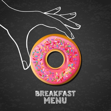 Breakfast menu concept. Tasty pink glazed donut in hand drawn watercolor human hand on textured black board background. Vector food illustration. Bakery or cafe design.
