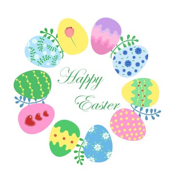 Easter card template with colored eggs. Vector illustration.