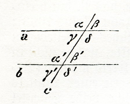 Parallel lines and pairs of angles (from Meyers Lexikon, 1896, 13/519)
