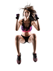 one caucasian woman exercising cardio boxing cross core workout fitness exercise aerobics silhouette isolated on white background