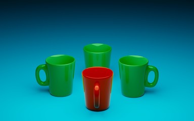 four mugs for coffee of different colors. 3d rendering