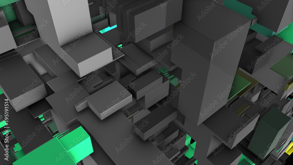 Poster abstract 3d rendering of surface with random cubes and electronic shapes. futuristic science fiction