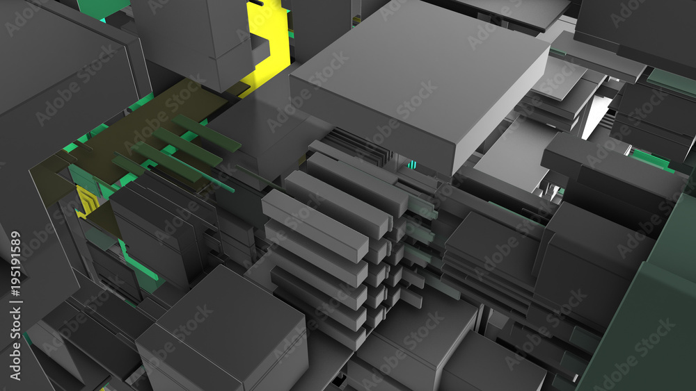 Poster abstract 3d rendering of surface with random cubes and electronic shapes. futuristic science fiction