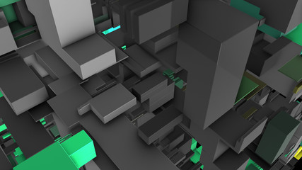 Abstract 3D rendering of surface with random cubes and electronic shapes.  futuristic science fiction city with lines and low poly shape. 