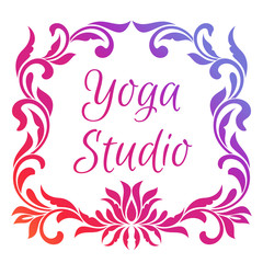 Yoga studio logo. Template of poster with lotus flower and frame of floral elements isolated on white background.