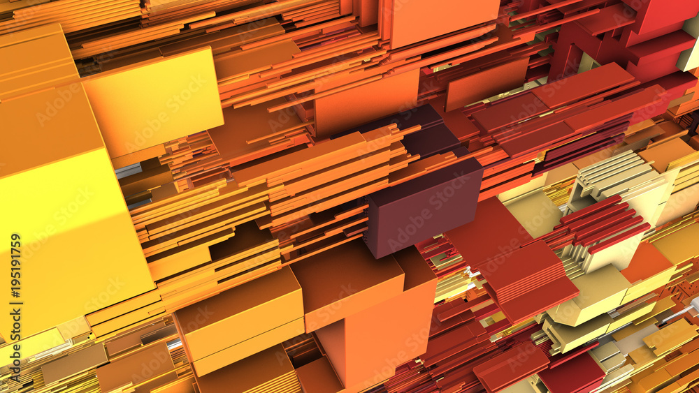 Poster abstract 3d rendering of surface with random cubes and electronic shapes. futuristic science fiction