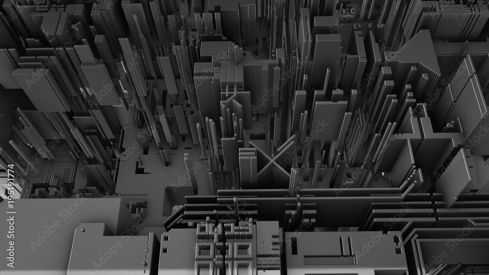 Poster abstract 3d rendering of surface with random cubes and electronic shapes. futuristic science fiction