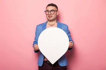 Handsome man in bright jacket with speech bubble