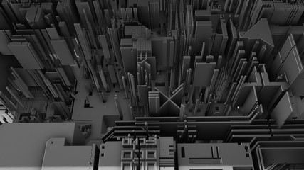Abstract 3D rendering of surface with random cubes and electronic shapes.  futuristic science fiction city with lines and low poly shape. 
