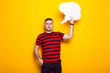 Handsome man in bright T-shirt with speech bubble