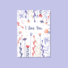 Obraz na płótnie Canvas Romantic greeting card with the inscription I love you, trendy postcard for Valentines day, anniversary, invitation