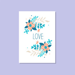 Romantic greeting card with the inscription Love, trendy elegant postcard vector Illustration, design element with decorative flowers