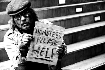 Homeless man on walkway street, Homeless concept.
