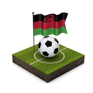 Malawi flag football concept. Flag, ball and soccer pitch isometric icon. 3D Rendering