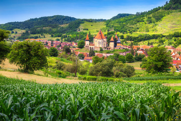 Fototapeta na wymiar Amazing Transylvanian touristic village with saxon fortified church, Biertan, Romania