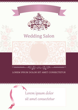 Wedding salon Template, pink vector background with flower decorative elements and frame