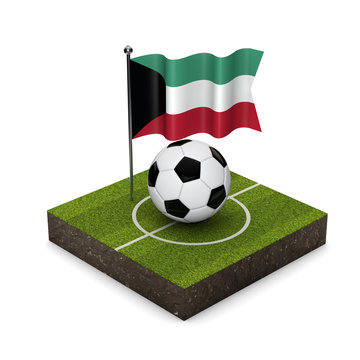 Kuwait flag football concept. Flag, ball and soccer pitch isometric icon. 3D Rendering
