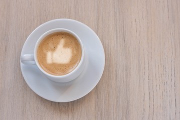 Cup of coffee with milk, cane sugar and like sign on light background. Top view