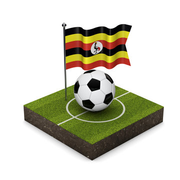 Uganda flag football concept. Flag, ball and soccer pitch isometric icon. 3D Rendering