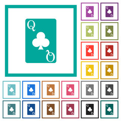 Queen of clubs card flat color icons with quadrant frames