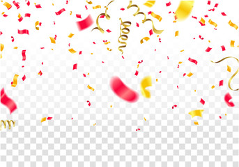 Party Flags With Confetti And Ribbons Falling On Transparent Background. Celebration Event & Birthday. Vector
