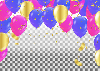 Colorful balloons party banner with balloons isolated on background. confetti and ribbons. Vector illustration
