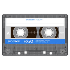 Old school compact cassette tape, eightees design.