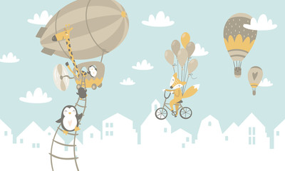 Graficzna ilustracja dla dzieci. Latające zwierzątka, balony, rowery.