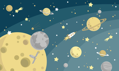 Graficzna ilustracja dla dzieci przedstawiająca kosmos. Planety, gwiazdy i rakiety.