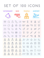 Set of 100 Minimal Universal Modern Elegant Black Thin Line Icons ( Veterinary War People and Airport ) on White Background