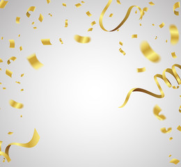 Many Falling Luxury Golden Confetti And Ribbon. Birthday & Celebration. Vector