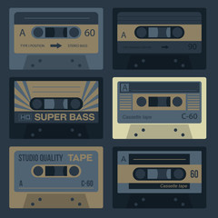 Cool vintage audio cassettes, retro technology set.