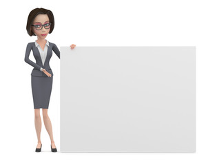 Cartoon business woman in grey dress and glasses with big white blank 3d illustration