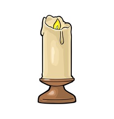Burning candle with holder and fire flame. Vintage vector engraving