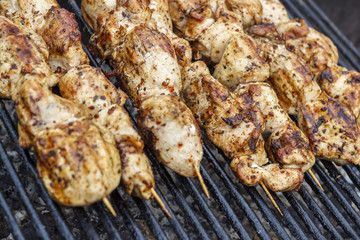Barbecue grill-barbecue grill. appetizing shish kebab on metal grill. kebabs cook on charcoal in the open air. Marinated meat.