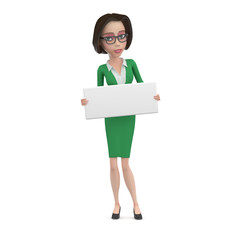 3D Illustration of Business woman in blue dress and glasses with empty white square sign in her hands