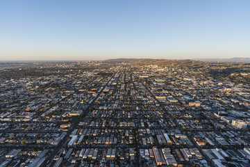 Morning aerial view above Santa Monica Blvd and East Hollywood in Los Angeles California.