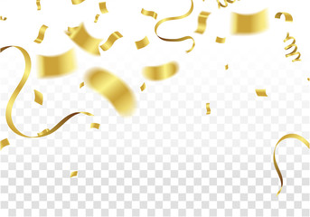 Golden Party Flags With Confetti And Ribbon Falling On White Background. Celebration Event & Birthday. Vector