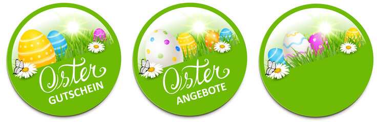 Button Set mit bunten Ostereiern und Blumenwiese - Ostern Gutschein, Osterangebot