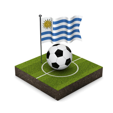 Uruguay flag football concept. Flag, ball and soccer pitch isometric icon. 3D Rendering