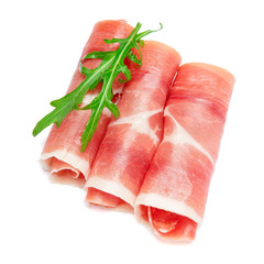 Italian prosciutto crudo or spanish jamon. Raw ham on white background.