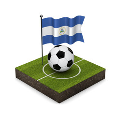 Nicaragua flag football concept. Flag, ball and soccer pitch isometric icon. 3D Rendering