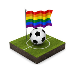 Gay pride flag football concept. Flag, ball and soccer pitch isometric icon. 3D Rendering