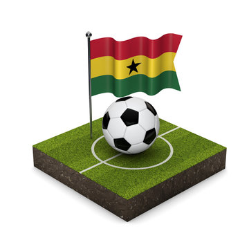 Ghana flag football concept. Flag, ball and soccer pitch isometric icon. 3D Rendering