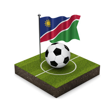 Namibia flag football concept. Flag, ball and soccer pitch isometric icon. 3D Rendering